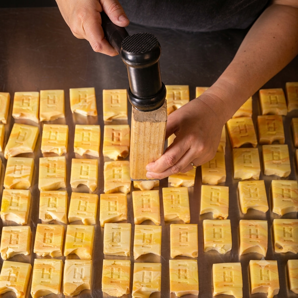 Handmade soap bars debossed with a logo stamp
