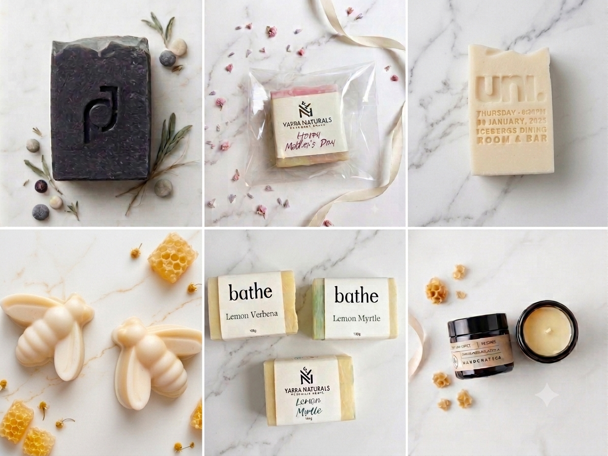 A bench of handmade soaps and a lit candle